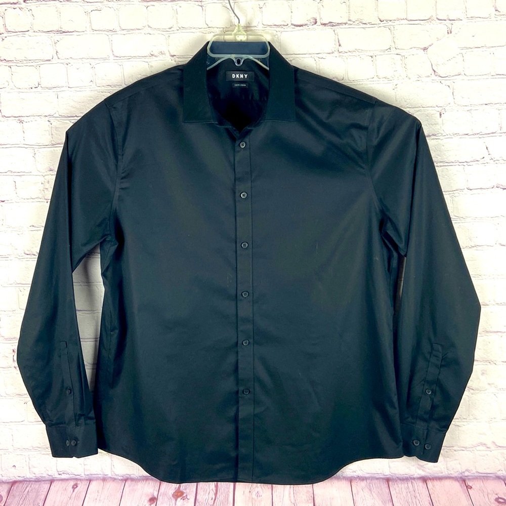 DKNY Mens Black Button Down Long Sleeve Dress Shirt. Neck:17.5, Sleeve: 36/37